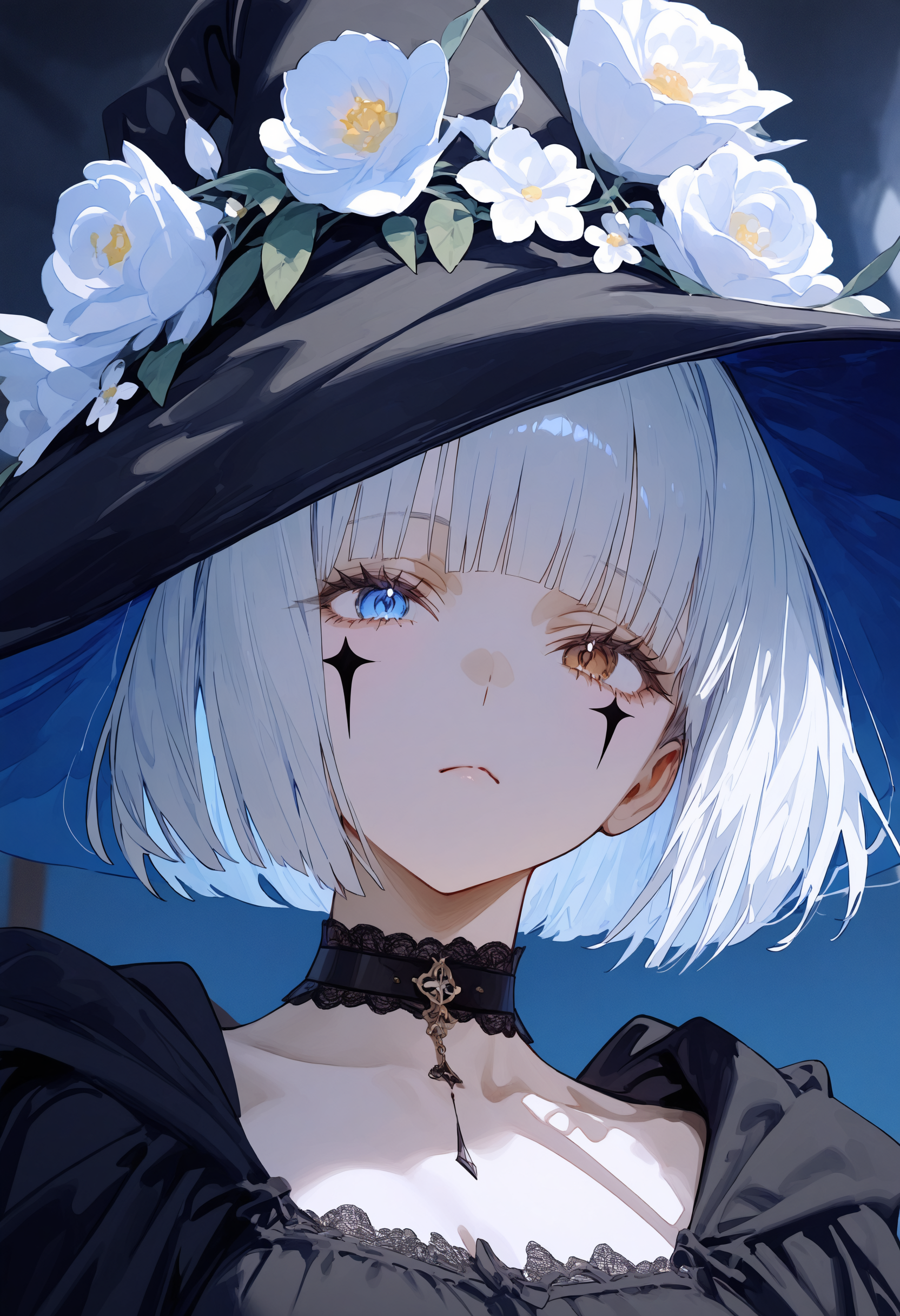 masterpiece, best quality, newest, absurdres, highres, very awa, anime screencap, film grain, limited palette, no lineart, sketch, ambient occlusion, depth of field, intricate background, c2Fn, eye focus, painting \(medium\), 1girl, solo, hat, short hair, flower, witch hat, choker, simple background, blue eyes, heterochromia, looking at viewer, white hair, upper body, blue background, closed mouth, witch, white flower, bob cut, black choker, dress, black dress, black headwear, brown eyes, facial mark, watercolor \(medium\)