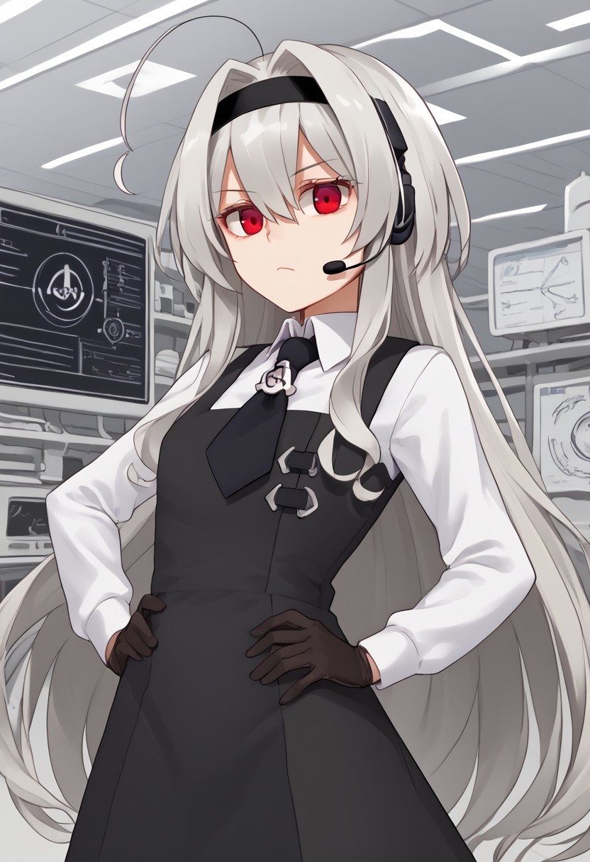 1girl, solo, Eve.aic, long hair, red eyes, hairband, ahoge, very long hair, bangs, hair intakes, hair between eyes, white hair, black hairband, headset, grey hair,
shirt, white shirt, long sleeves, gloves, collared shirt, black gloves, dress, necktie, black dress, pinafore dress, badge,
laboratory, hands on own hip, pout, looking at viewer