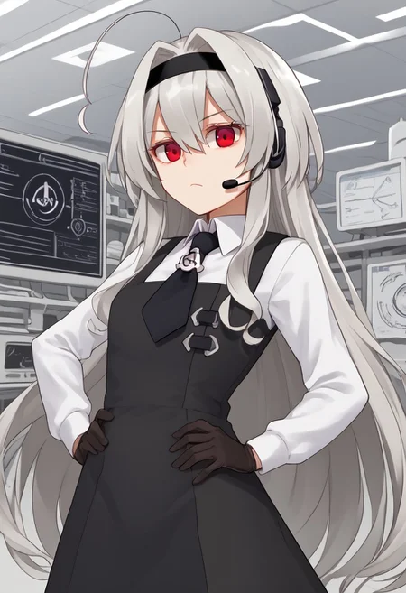 1girl, solo, Eve.aic, long hair, red eyes, hairband, ahoge, very long hair, bangs, hair intakes, hair between eyes, white hair, black hairband, headset, grey hair,
shirt, white shirt, long sleeves, gloves, collared shirt, black gloves, dress, necktie, black dress, pinafore dress, badge,
laboratory, hands on own hip, pout, looking at viewer