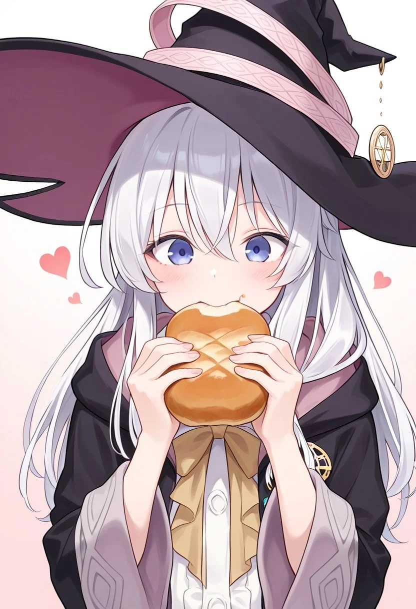 masterpiece, best quality, 1 girl, elaina (majo no tabitabi), eating bread, heart, blue eyes, ahoge, white hair, witch hat, bow tie,