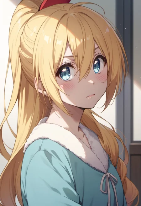 score_9, score_8_up, score_7_up, source_anime, kirisaki chitoge, long hair, blonde hair, blue eyes, 1girl, solo, blush, looking at viewer, hair between eyes, ponytail, closed mouth
