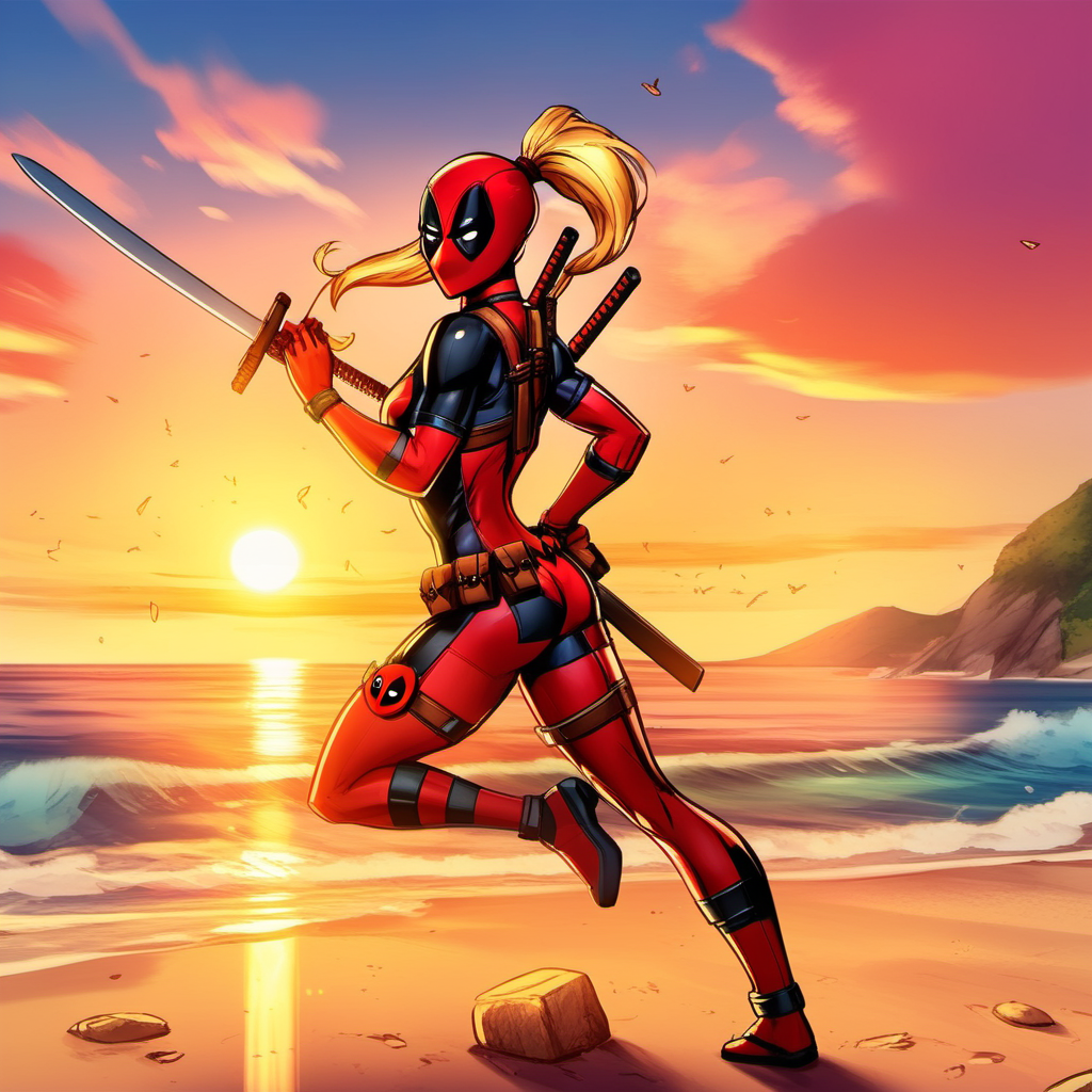 anime artwork full body portrait lady deadpool, ponytail, blond hair, body suit, holds swords on the beach, sunset <lora:LDP1024:0.8> . anime style, key visual, vibrant, studio anime,  highly detailed
