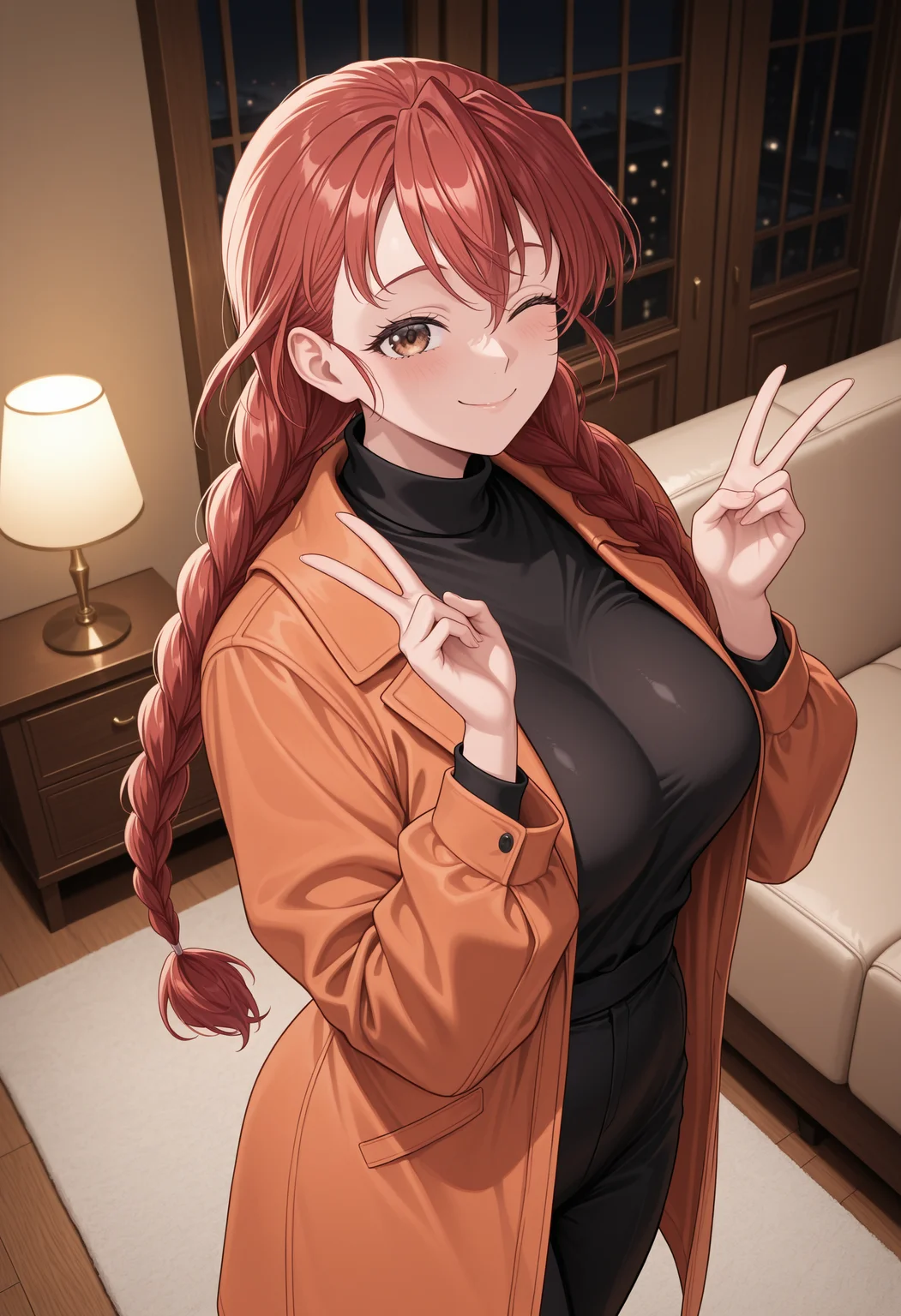 masterpiece, best quality, amazing quality, very aesthetic, high resolution, ultra-detailed, absurdres, newest, scenery,BREAK <lora:Takenaki:1> takeke, 1girl,long hair,twin braids, red hair, brown eyes,large breasts, orange coat, open coat,black turtleneck,standing on the sofa,peace gesture, winking,smiling,from above,looking at viewer,indoors,lamp,dim light ,(<lora:LoraILXL01_YamiStyle_v1:1>:0.7)