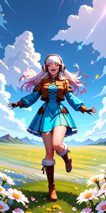 (zPDXLxxx), (zPDXL2), source_anime, rating_explicit, Expressiveh, neodark, D4rC0m, <lora:score9DoraForPony_v20:1>, <lora:Expressive_H:1>, <lora:SDXLFaeTastic2400:1>, <lora:darkstyle:1>, <lora:D4rC0mXLP:0.9>,detailed_background,indoors,standing on one leg,sleeves past wrists,long hair,boots,flower,blunt bangs,norikoseal,outstretched arms,open mouth,highres,standing,solo,flower field,outdoors,gloves,fang,full body,smile,blush,white hair,mountain,dress,field,fingerless gloves,closed eyes,long sleeves,earmuffs,fur trim,fur-trimmed boots,petals,1girl,jacket,sky