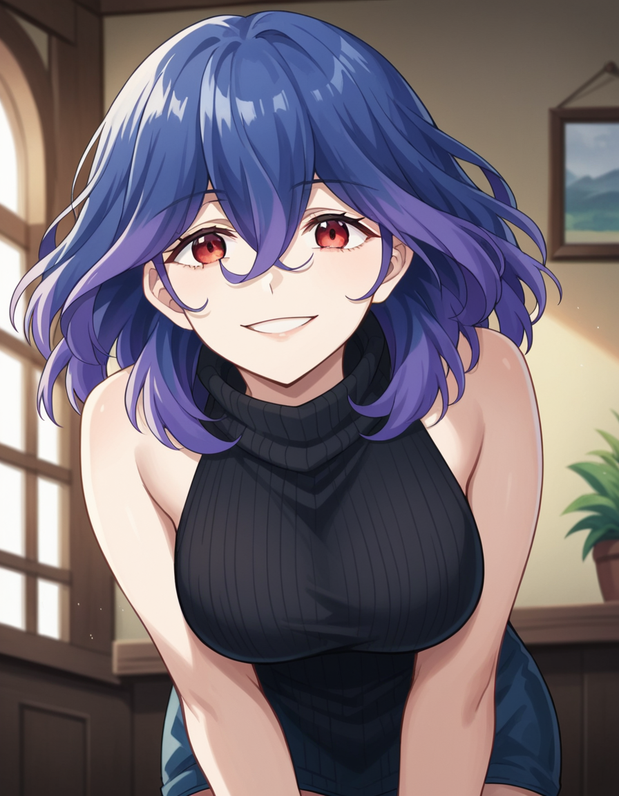 score_9, score_8_up, score_7_up, source_anime,
vermeil, <lora:vermeil-s1-ponyxl-lora-nochekaiser:1>,
vermeil, red eyes, hair between eyes, blue hair, purple hair, multicolored hair, medium hair,
sweater, bare shoulders, sleeveless, turtleneck, black sweater, thighs,
indoors, bent over, smile,
looking at viewer, cowboy shot, solo, dutch angle,