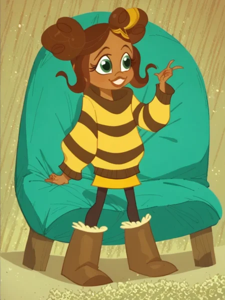 score_9, score_8_up, score_7_up, score_6_up, score_5_up,
bumblebee, brown hair, green eyes, dark skin, dark-skinned female, double bun, striped sweater, black leggings, brown boots
, 1girl, solo, facing viewer, small smile, full body
<lora:mrsmiles:1> mrsmiles <lora:Bumblebee_-_DC_Super_Hero_Girls:0.9>