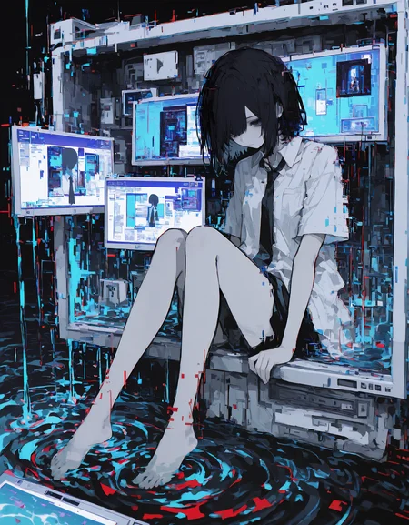 r17329_illu,masterpiece, newest,absurdres, incredibly absurdres,solo, shirt, necktie, white shirt, water, black necktie, short sleeves, barefoot, collared shirt, short hair,window \(computing\),icon \(computing\), glitch, abstract,blurry foreground,    <lora:r17329_illu-000015:1>