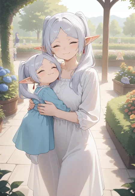 masterpiece, newest, absurdres, safe, masterpiece, best quality, newest, highres, absurdres, 1girl, frieren, light dress, smile, closed eyes, :3, blush, a group of elf kids with grey and blue hairs,garden, 3 kids, mother and kids