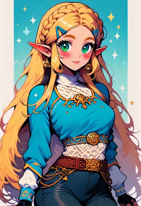 score_9, score_8_up, score_8, medium breasts, (curvy), cute, eyelashes,
princess zelda, long hair, crown braid, hairclip, pointy ears, blue shirt, long sleeves, fingerless gloves, black gloves, black pants, tight pants, green eyes, solo, looking at viewer, smile, blush,
zPDXL