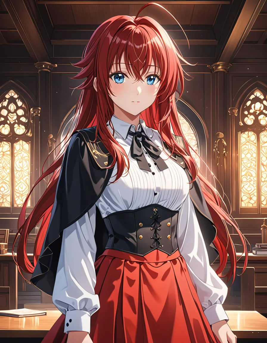 (masterpiece), (best quality), (ultra-detailed), Rias_XL, red hair, blue_eyes, hair between eyes, crossed bangs, long hair, ahoge, dust_particles, looking at the viewer, collarbone, shoes, indoors, midriff, scholar uniform, white shirt, black corset, red skirt, black capelet, front_view, intrincate details, masterpiece, best quality, highres, 4k, 8k, intricate detail, cinematic lighting, amazing quality, amazing shading, soft lighting, Detailed Illustration, anime style, very coherent, enhanced color, vibrant colors, detailed pretty, ambient, illustration, disheveled hair, detailed eyes, perfect composition, moist skin, intricate details, earrings, anime artwork Rias_XL, red hair, blue_eyes, hair between eyes, crossed bangs, long hair, ahoge, dust_particles, looking at the viewer, collarbone, shoes, indoors, midriff, scholar uniform, white shirt, black corset, red skirt, black capelet, front_view, intrincate details, masterpiece, best quality, highres, 4k, 8k, intricate detail, cinematic lighting, amazing quality, amazing shading, soft lighting, Detailed Illustration, anime style, very coherent, enhanced color, vibrant colors, detailed pretty, ambient . anime style, key visual, vibrant, studio anime, highly detailed, Rias_XL, red hair, blue_eyes, hair between eyes, crossed bangs, long hair, ahoge, dust_particles, looking at the viewer, collarbone, shoes, indoors, midriff, scholar uniform, white shirt, black corset, red skirt, black capelet, front_view, intrincate details, masterpiece, best quality, highres, 4k, 8k, intricate detail, cinematic lighting, amazing quality, amazing shading, soft lighting, Detailed Illustration, anime style, very coherent, enhanced color, vibrant colors, detailed pretty, ambient, beautiful, atmosphere, inspired, novel, cute, cozy, background, light, sunny, magic, stunning, full bright