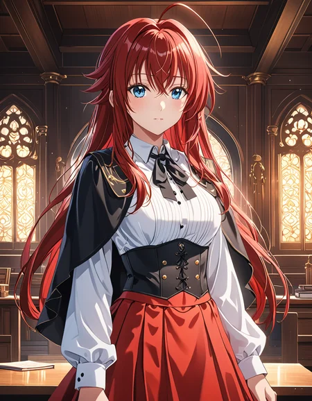 (masterpiece), (best quality), (ultra-detailed), Rias_XL, red hair, blue_eyes, hair between eyes, crossed bangs, long hair, ahoge, dust_particles, looking at the viewer, collarbone, shoes, indoors, midriff, scholar uniform, white shirt, black corset, red skirt, black capelet, front_view, intrincate details, masterpiece, best quality, highres, 4k, 8k, intricate detail, cinematic lighting, amazing quality, amazing shading, soft lighting, Detailed Illustration, anime style, very coherent, enhanced color, vibrant colors, detailed pretty, ambient, illustration, disheveled hair, detailed eyes, perfect composition, moist skin, intricate details, earrings, anime artwork Rias_XL, red hair, blue_eyes, hair between eyes, crossed bangs, long hair, ahoge, dust_particles, looking at the viewer, collarbone, shoes, indoors, midriff, scholar uniform, white shirt, black corset, red skirt, black capelet, front_view, intrincate details, masterpiece, best quality, highres, 4k, 8k, intricate detail, cinematic lighting, amazing quality, amazing shading, soft lighting, Detailed Illustration, anime style, very coherent, enhanced color, vibrant colors, detailed pretty, ambient . anime style, key visual, vibrant, studio anime, highly detailed, Rias_XL, red hair, blue_eyes, hair between eyes, crossed bangs, long hair, ahoge, dust_particles, looking at the viewer, collarbone, shoes, indoors, midriff, scholar uniform, white shirt, black corset, red skirt, black capelet, front_view, intrincate details, masterpiece, best quality, highres, 4k, 8k, intricate detail, cinematic lighting, amazing quality, amazing shading, soft lighting, Detailed Illustration, anime style, very coherent, enhanced color, vibrant colors, detailed pretty, ambient, beautiful, atmosphere, inspired, novel, cute, cozy, background, light, sunny, magic, stunning, full bright