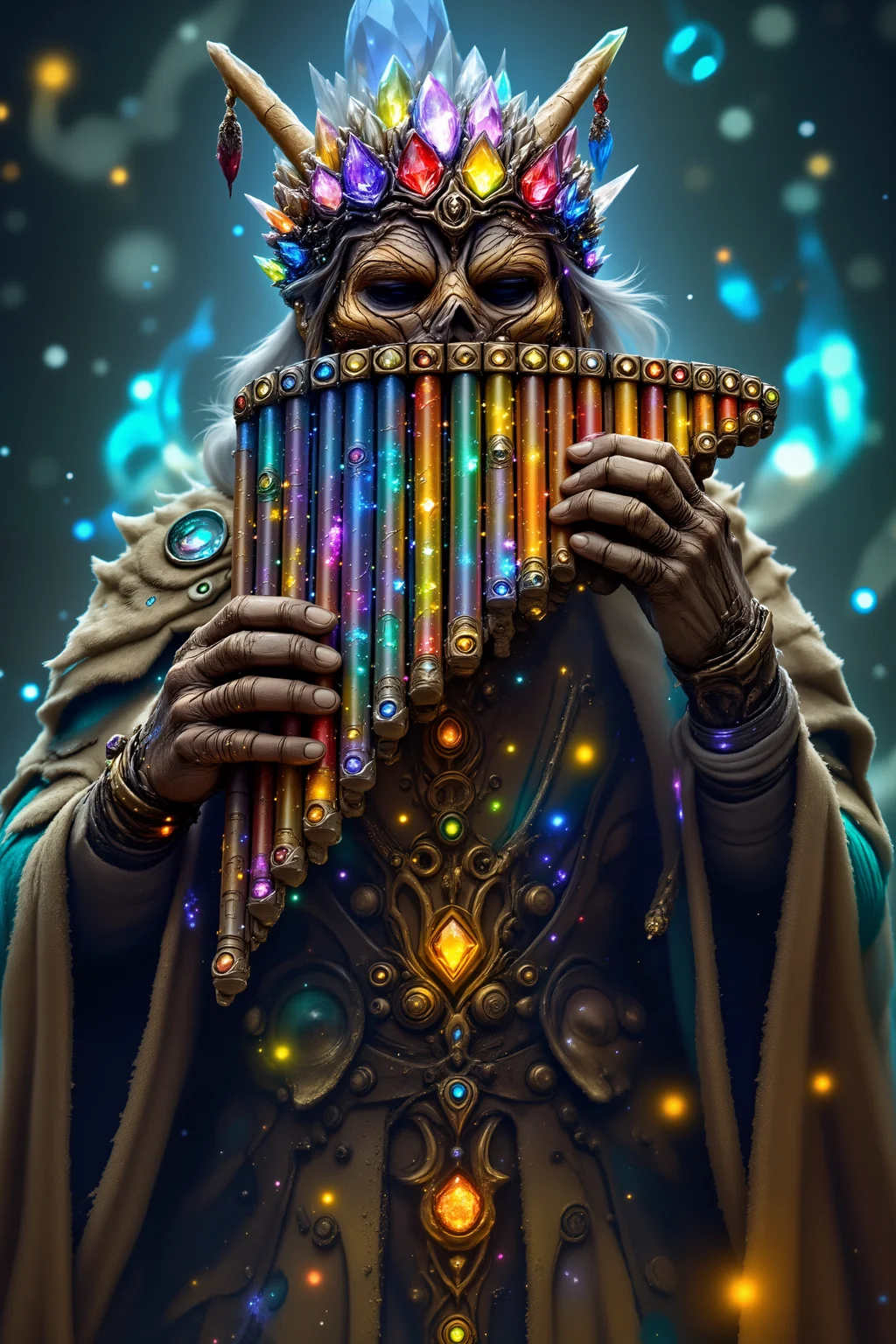 A golem warrior plays a panflute constructed from living crystal and magical circuits. Each pipe is a different color of crystal, with magical energy flowing visibly through them. Mechanical spirits dance around the instrument, formed from pure musical energy. The panflute leaves geometric patterns of light in the air with each note. Small floating gears orbit around the musician. , detailed background Fantastic lighting. Detailed shadows.intricate details, vivid colors, hyper-detailed, ultra-sharp, <lora:PANFLUTE_FLUX>, <lora:aidmaImageUpgrader-FLUX-V0.2:0.5><lora:PinkieFluxProUltraFantasia><lora:FluxDFaeTasticDetails:0.7>