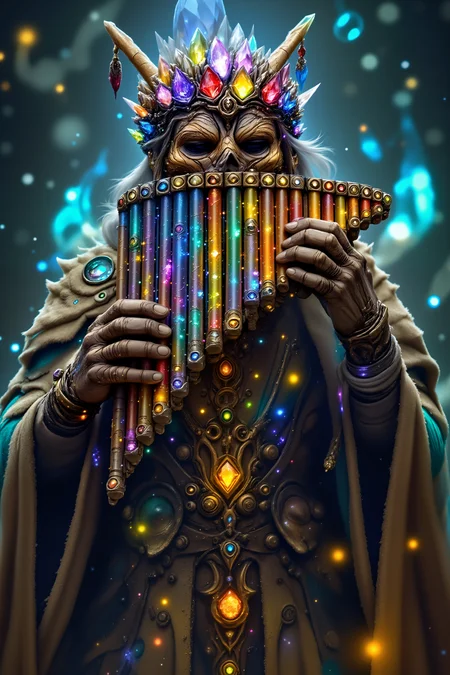 A golem warrior plays a panflute constructed from living crystal and magical circuits. Each pipe is a different color of crystal, with magical energy flowing visibly through them. Mechanical spirits dance around the instrument, formed from pure musical energy. The panflute leaves geometric patterns of light in the air with each note. Small floating gears orbit around the musician. , detailed background Fantastic lighting. Detailed shadows.intricate details, vivid colors, hyper-detailed, ultra-sharp, <lora:PANFLUTE_FLUX>, <lora:aidmaImageUpgrader-FLUX-V0.2:0.5><lora:PinkieFluxProUltraFantasia><lora:FluxDFaeTasticDetails:0.7>