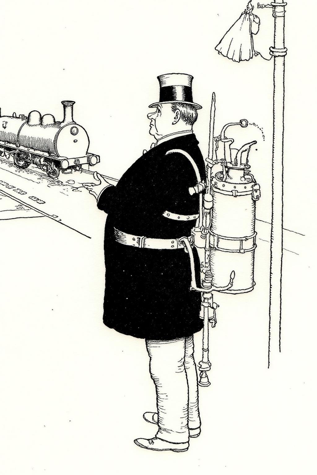 whrob1 illustration. 
Side profile view of a man. He is dressed in Victorian-era attire, including a tall top hat, a dark coat, and trousers. A strange contraction is strapped to his back as he waits for an approaching train. <lora:whrob1_cap_d6a3e11:1.0><lora:828458630010537281:0>