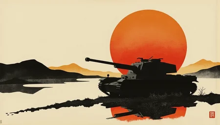 silhouette art of tank,, <lora:type3:0.8>type3,
Abstract painting, black, red and white, woodblock prints, ukiyo-e, sunrise,