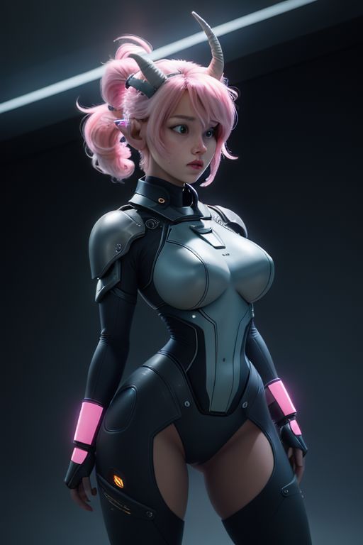 (8k uhd, masterpiece, best quality, high quality, ultra-detailed), futuristic large dark room, no windows, walls obscured by darkness, single woman center frame, futanari, veiny penis, proud posture, look straight ahead, Elf ears, ((small curled horns)), blindfold, futuristic functional blue and white military service uniform, high heels, ((futuristic prostetic limbs)), (((big tits, heavy tits, saggy tits))), medium length hair, mess ponytail, light pink hair, (long skin colored Tail), light freckles, light from above, dramatic lighting