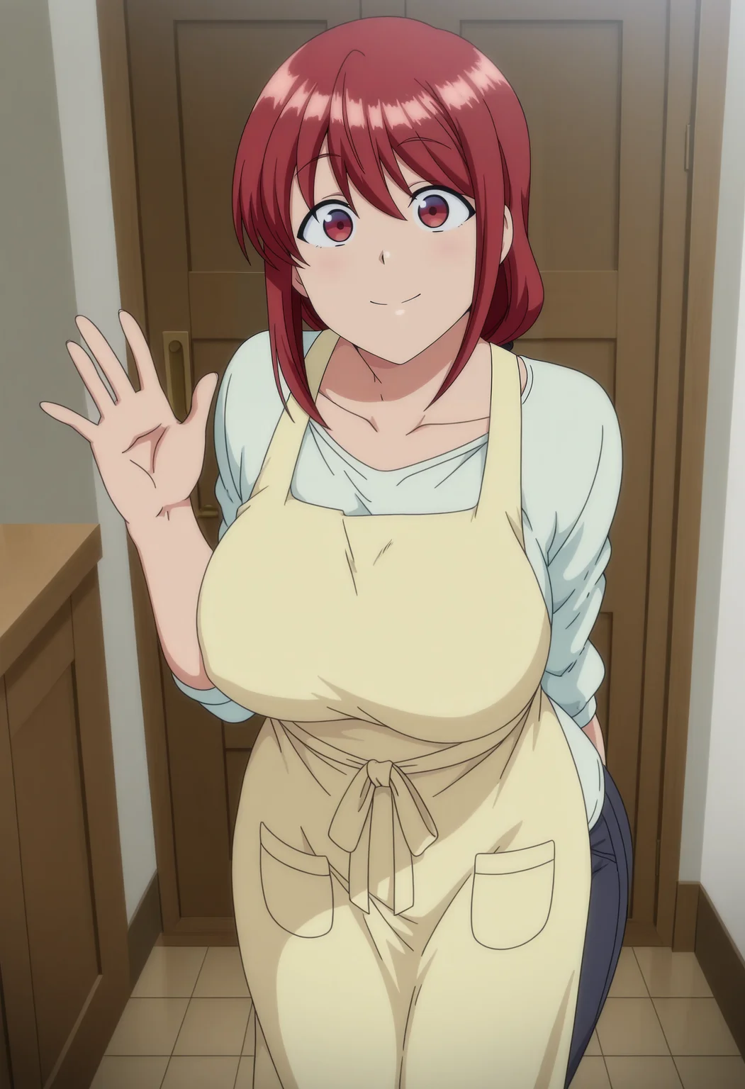 1girl,solo,mm,mature female,long hair,red hair,red eyes,long hair,large breasts,anime coloring,
shirt,pants,apron,waving, smile,looking at viewer, indoors
,masterpiece,best quality,amazing quality,<lora:Natsumi_Obata-Saimin_Seishidou_ix:0.8>