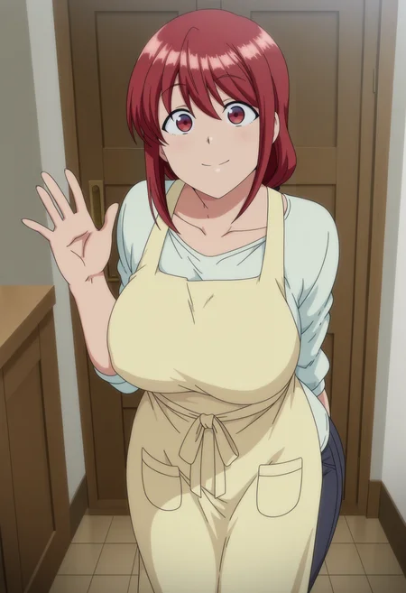 1girl,solo,mm,mature female,long hair,red hair,red eyes,long hair,large breasts,anime coloring,
shirt,pants,apron,waving, smile,looking at viewer, indoors
,masterpiece,best quality,amazing quality,<lora:Natsumi_Obata-Saimin_Seishidou_ix:0.8>