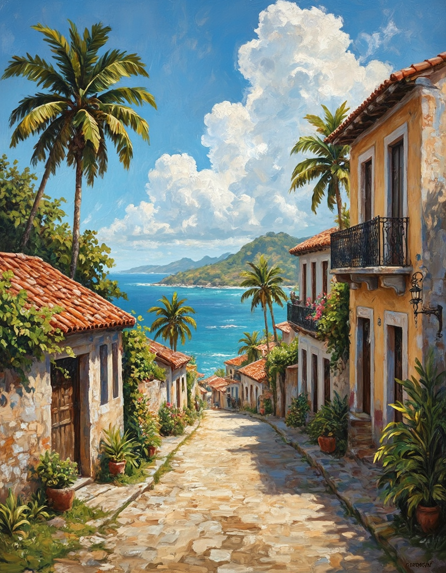 Oil painting, brush strokes, 
gorgeous painting of a colonial spanish town on a carribean coast, tropical, coast, colonial buildings, dirt pathways, majestic viewers