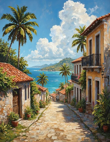 Oil painting, brush strokes, 
gorgeous painting of a colonial spanish town on a carribean coast, tropical, coast, colonial buildings, dirt pathways, majestic viewers