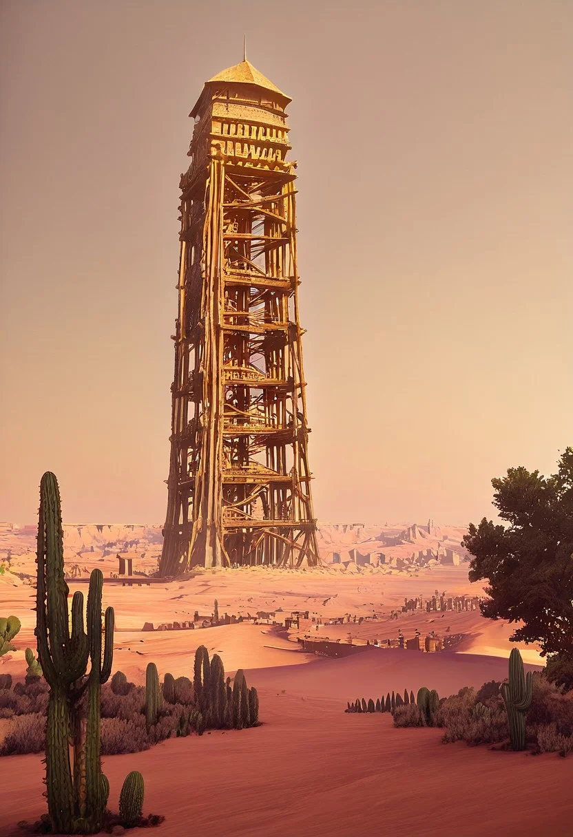 <lora:wooden_lookout_tower:1> , wooden_lookout_tower, kilato, no humans, outdoors, scenery, tree, medieval, very detailed, vegetation, very high desert castle in the background, castle bridge, medieval high tower, high tower in the background, high castle, brick tower, desert, sunny, hot summer, cactus,