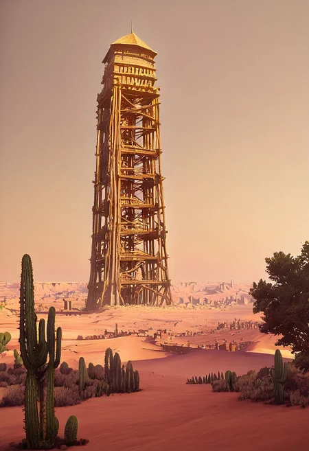 <lora:wooden_lookout_tower:1> , wooden_lookout_tower, kilato, no humans, outdoors, scenery, tree, medieval, very detailed, vegetation, very high desert castle in the background, castle bridge, medieval high tower, high tower in the background, high castle, brick tower, desert, sunny, hot summer, cactus,