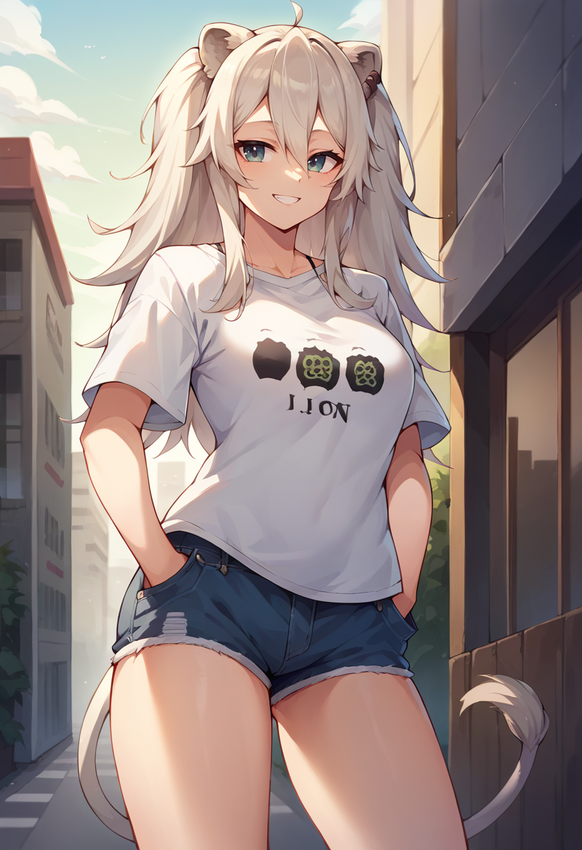 core_9, score_8_up, score_7_up, ShishiroBotan, long hair, two side up, ear piercing, lion tail, t-shirt, denim shorts, standing, outdoors, city, hands in pockets, thighs, smile, <lora:CHAR-ShishiroBotanPonyXL:1>