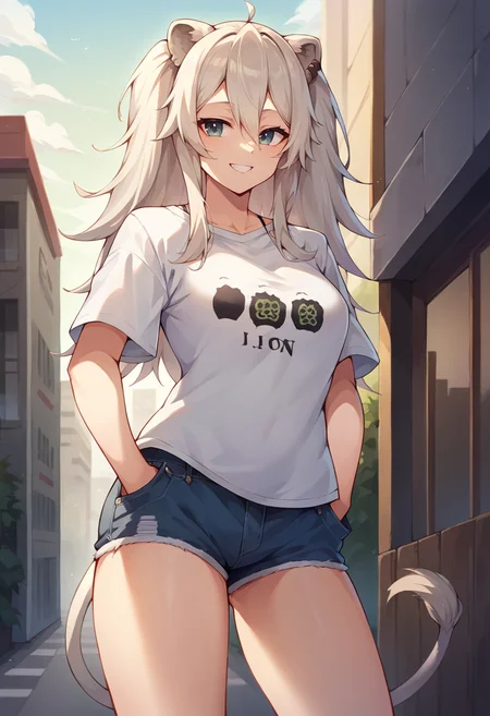 core_9, score_8_up, score_7_up, ShishiroBotan, long hair, two side up, ear piercing, lion tail, t-shirt, denim shorts, standing, outdoors, city, hands in pockets, thighs, smile, <lora:CHAR-ShishiroBotanPonyXL:1>