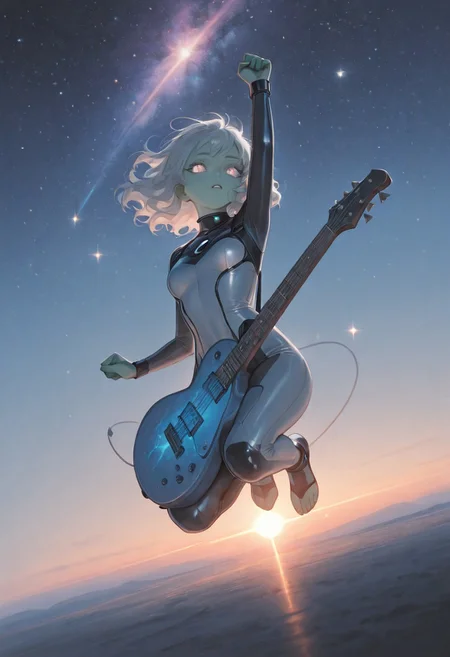 dynamic lighting, masterpiece, detailed eyes, high quality, best quality, highres, muted colors, pencil lines, very awa, masterpiece, best quality, absurdres, highres, year 2024, newest, very Aesthetic,ultradetailed,
1girl, alien girl, green skin, playing guitar, electric guitar between thighs, arm raised, one knee raised, fist in air, red wavy hair, skin tight silver toeless bodysuit, jumping, floating, flying, full body, from below, low angle view, ((dutch angle,))
outer space, stars, galaxy, meterorites, atmosphere, sunrise,