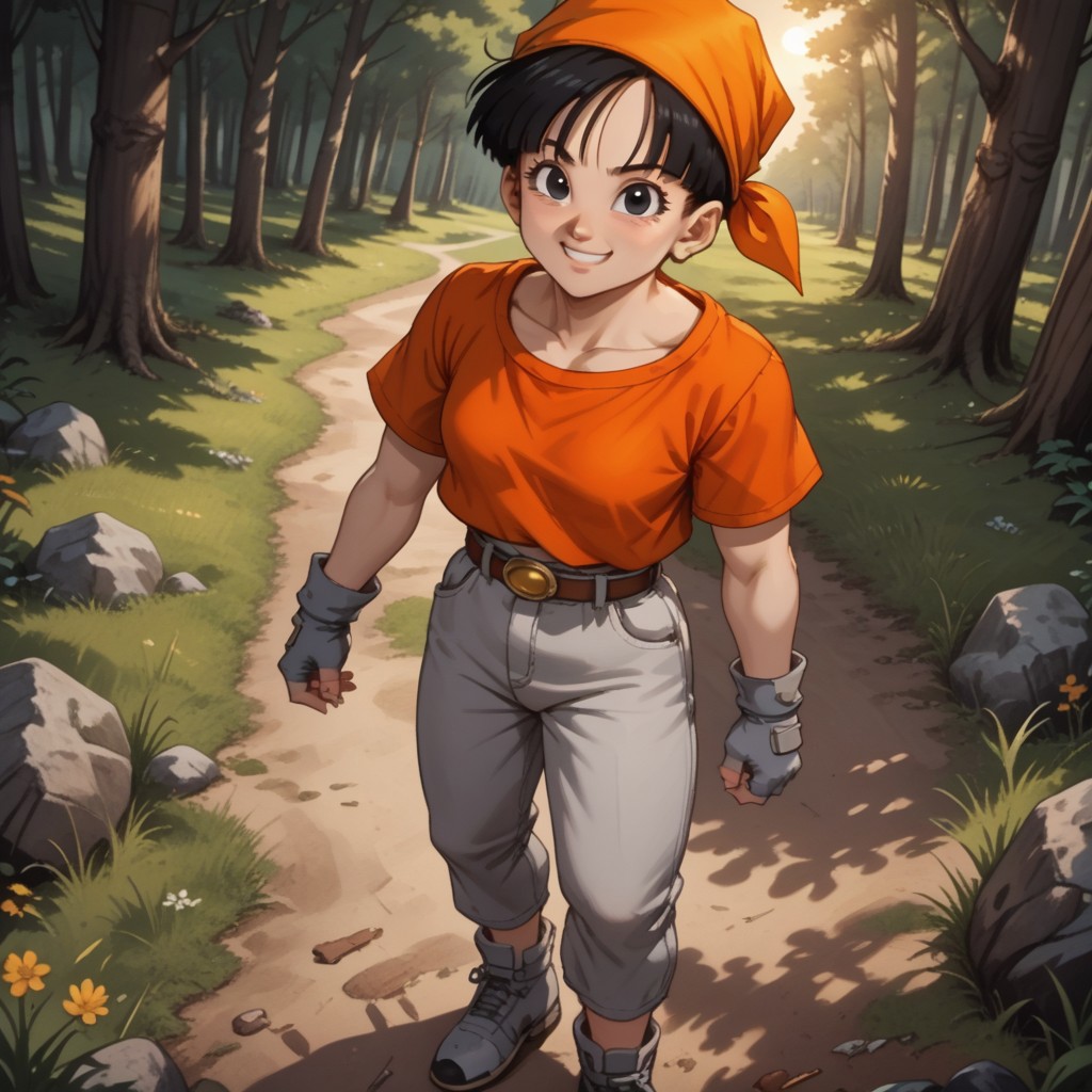 score_9, score_8, BREAK, solo, Pan_(Dragon_Ball_GT), 1girl, black hair, adorable face, cute face, black eyes, cute eyes, orange bandana, short sleeves, red crop top, grey jeans, grey fingerless gloves, grey shoes, self portrait, smile, looking at viewer, outdoors, sunlight, shadows, evening lighting, natural lighting, forest, trees, grass, orange sky, sunset