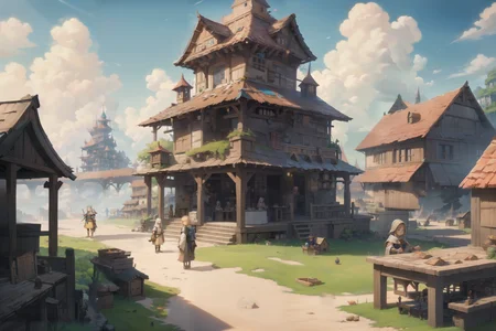 (masterpiece, best quality, highres, high resolution:1.2), sunny day, white clouds, clear weather, extremely detailed, intricate details, (rpg game vilage:1.3), landscape, rpg characters in the distance, merchant stands, armor merchant, swords merchant, herbalist, inn, festival, nostalgic, vibrant colors, game art, drawing, lots of small details, hyperdetail, 8K, Ultra-HD, <lora:Elixir:1.8>
