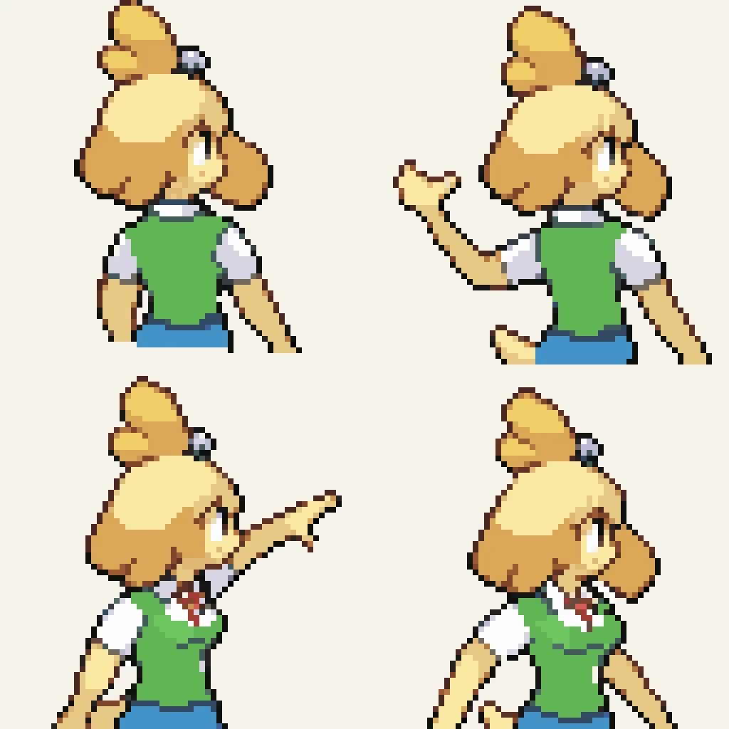 backsprite, gen3backtrainer, sprite sheet, pixel art, from behind, isabelle \(animal crossing\), plaid vest, blue skirt, white undershirt, short sleeves, leaf pattern, button up, hair bell, jingle bell, hair ornament, hair tie, neck ribbon, furry female, dog girl, dog paws, animal nose, snout, topknot, body fur, white background, simple background <lora:PkmnGen3TrainerBack:1> <lora:Isabelle_pXL:1>