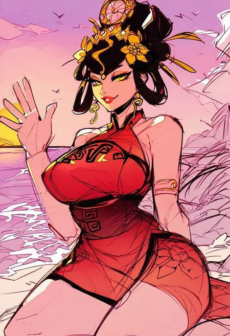 score_9, score_8_up, score_8, nuwasmt, black hair, hair ornament, yellow eyes, red dress, bare shoulders, large breasts, jewelry, chinese clothes, on knees, beach, sunset, seductive smile, waving hand, upper body, (sketch)