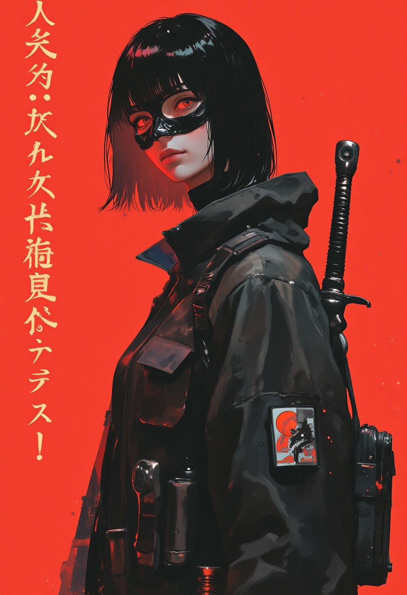 This digital illustration features a young woman with a striking appearance set against a solid, vibrant red background. She has fair skin, and her dark, straight hair is styled in a bob with blunt bangs. Her eyes are a striking red, which contrasts starkly with her pale complexion. She is dressed in a dark, oversized, high-tech jacket with numerous pockets and straps, suggesting a futuristic or tactical style. Over her jacket, she wears a black, high-collared mask that covers her mouth and part of her nose, adding an air of mystery and secrecy. She carries two long, sleek swords, one on each shoulder, with the hilts resting on her shoulders. The swords are made of a dark metal, and their blades are sharp and pointed. Her posture is confident and slightly forward-leaning, indicating readiness or determination. The overall color palette is dominated by blacks, grays, and reds, with a high level of detail in the textures of her clothing and the sleek, polished appearance of the swords. The illustration style is contemporary digital art, characterized by clean lines, bold colors, and a focus on high contrast and dramatic lighting. The background is a solid, vivid red, which enhances the intensity and focus on the subject. Hindi characters are inscribed vertically on the left side of the image, replacing the original text, possibly adding depth to her identity or background.