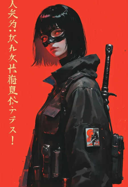 This digital illustration features a young woman with a striking appearance set against a solid, vibrant red background. She has fair skin, and her dark, straight hair is styled in a bob with blunt bangs. Her eyes are a striking red, which contrasts starkly with her pale complexion. She is dressed in a dark, oversized, high-tech jacket with numerous pockets and straps, suggesting a futuristic or tactical style. Over her jacket, she wears a black, high-collared mask that covers her mouth and part of her nose, adding an air of mystery and secrecy. She carries two long, sleek swords, one on each shoulder, with the hilts resting on her shoulders. The swords are made of a dark metal, and their blades are sharp and pointed. Her posture is confident and slightly forward-leaning, indicating readiness or determination. The overall color palette is dominated by blacks, grays, and reds, with a high level of detail in the textures of her clothing and the sleek, polished appearance of the swords. The illustration style is contemporary digital art, characterized by clean lines, bold colors, and a focus on high contrast and dramatic lighting. The background is a solid, vivid red, which enhances the intensity and focus on the subject. Hindi characters are inscribed vertically on the left side of the image, replacing the original text, possibly adding depth to her identity or background.