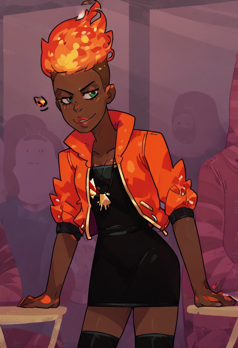 score_9, monsterprom, BREAK 1girl, solo, amirarashid, orange hair, fiery hair, undercut, dark skin, dark-skinned female, jacket, sleeves rolled up, black dress, thighhighs, necklace,
