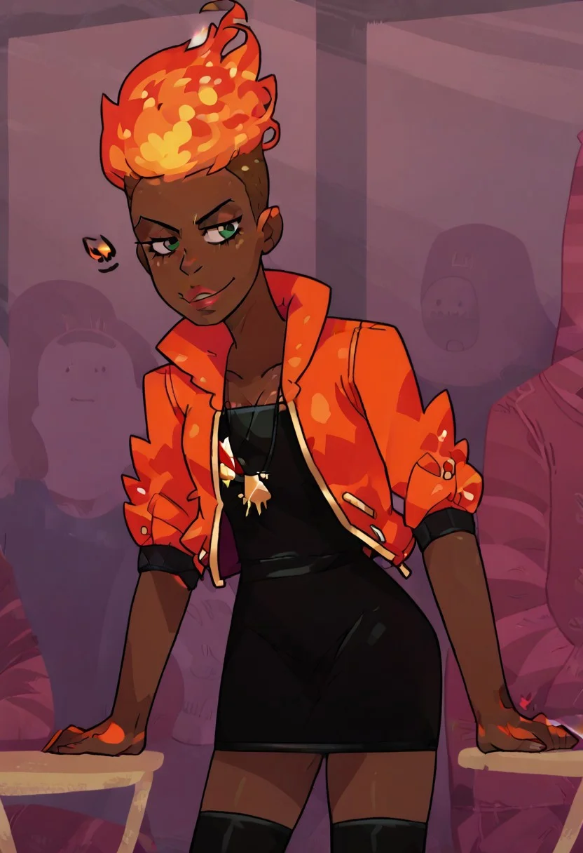 score_9, monsterprom, BREAK 1girl, solo, amirarashid, orange hair, fiery hair, undercut, dark skin, dark-skinned female, jacket, sleeves rolled up, black dress, thighhighs, necklace,
