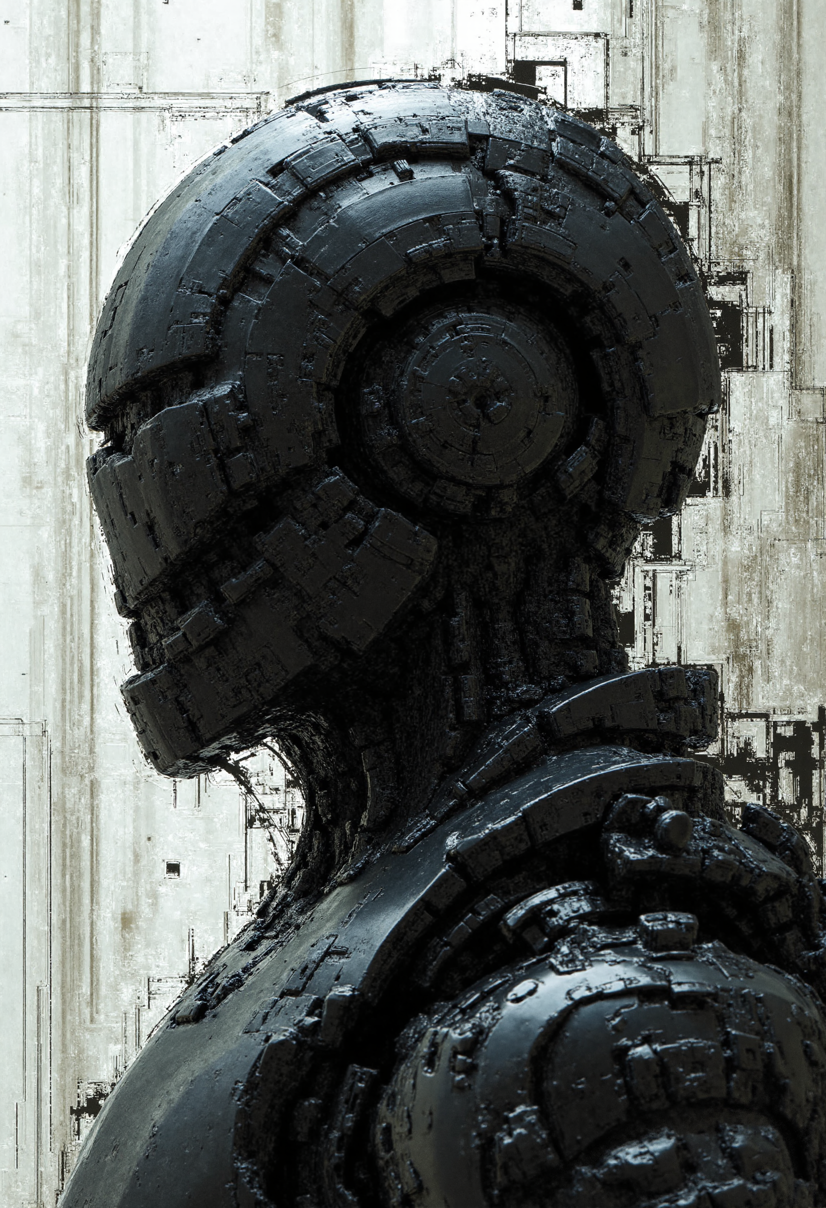 Highly detailed glitch art half-length portrait of a metallic robot. The robot’s matte black metal body is composed of sharp, angular plates with gaps revealing glossy black latex beneath, creating a striking contrast between the rigid metallic exterior and the smooth, flowing latex underneath. The interplay of the exposed latex and layered metal plating adds depth and complexity to the design. The background features abstract digital elements, including fragmented texts, cascading glitch effects, and shifting digital distortion, enhancing the chaotic, futuristic atmosphere. Depth of field emphasizes the robot’s textures, highlighting the tension between the sharp edges of the metal and the glossy, flexible latex visible in the gaps.
