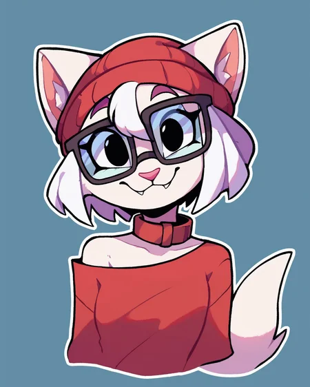 score_9_up, score_8_up, score_7_up, score_6_up, half-length portrait, by remanedur, cat, short hair, furry female, female, furry, black eyes, red collar, bracelet, glasses, rectangular glasses, white body, white fur, white hair, ears through headwear, looking at viewer, solo, smile, happy, (three-quarter view), head tilt, beanie, red beanie, off shoulder, jeans, torn jeans, tail, sneakers, simple background, white outline, <lora:Leah_Pines(AIM)_XL_v1:0.15> <lora:PDXL_artist_tags_v2_big:0.1> <lora:Gaby_senorkah:0.5>