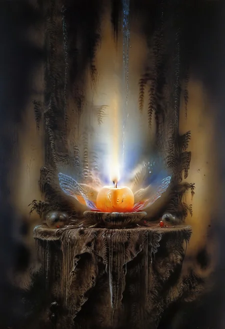 A highly detailed, creative close-up shot with a small depth of field. A luminous, bright and complex object that appears on a blurred background, evoking a sense of three-dimensionality, with delicate, refined textures and patterns. The object is made in a rich color palette with subtle gradients and highlights, creating a mood that fascinates and attracts the viewer.