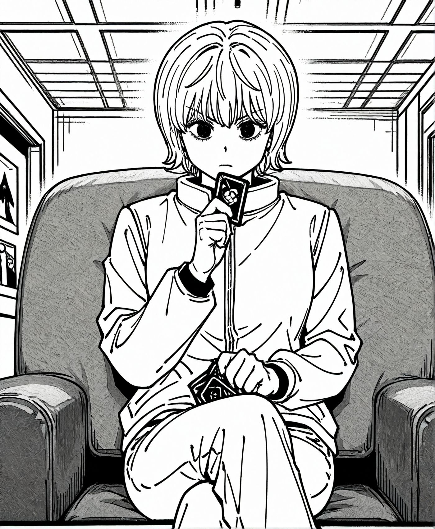 masterpiece,best quality,amazing quality,very aesthetic,absurdres,newest, huge filesize,
<lora:spo_sdxl_10ep_4k-data_lora_webui:0.5>,
<lora:add-detail-xl:1> hunter x hunter, official art, 
sitting, sofa,serious, desk,card, holding card,card game,thinking, serious, crossed legs, 
<lora:HUNTERHUNTER___Morena_____borksen:1>Morena,
greyscale,
monochrome,white jacket, 
1girl,short hair,white long sleeves,full white clothes.
white  pants,jacket,
cowboy shot,indoors,
bangs,couch,h_borksen,
