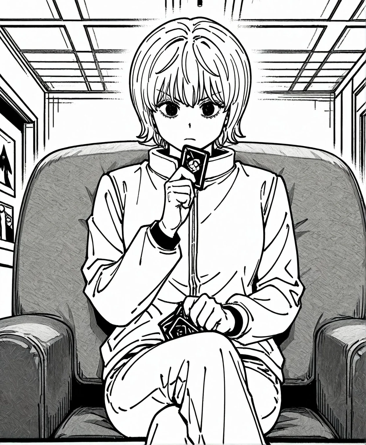 masterpiece,best quality,amazing quality,very aesthetic,absurdres,newest, huge filesize,
<lora:spo_sdxl_10ep_4k-data_lora_webui:0.5>,
<lora:add-detail-xl:1> hunter x hunter, official art,
sitting, sofa,serious, desk,card, holding card,card game,thinking, serious, crossed legs,
<lora:HUNTERHUNTER___Morena_____borksen:1>Morena,
greyscale,
monochrome,white jacket,
1girl,short hair,white long sleeves,full white clothes.
white pants,jacket,
cowboy shot,indoors,
bangs,couch,h_borksen,