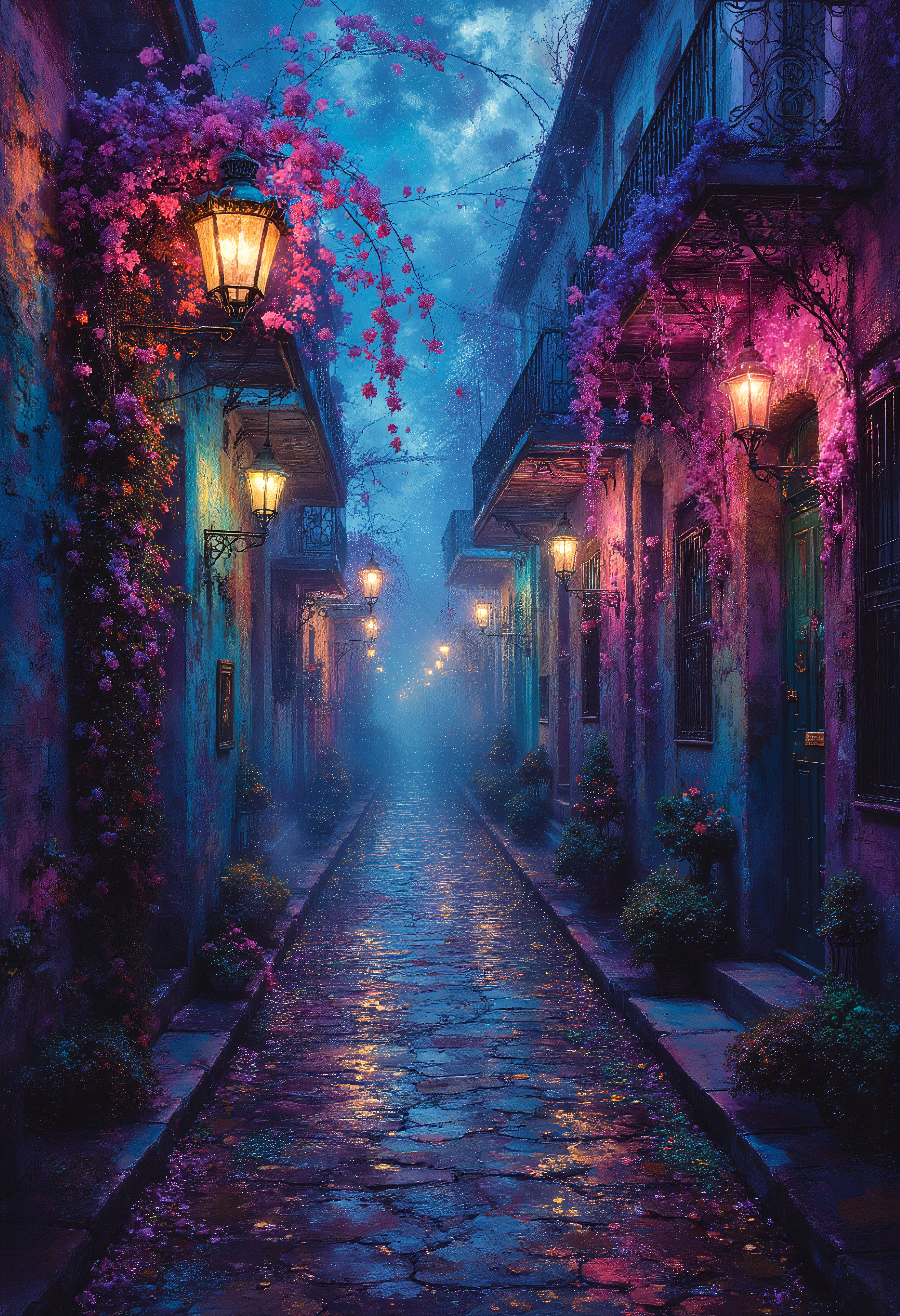 Impasto, Mardi Gras celebration, French Quarters, Vampire, indigo tones, vibrant glow