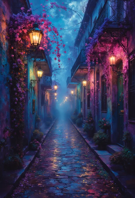 Impasto, Mardi Gras celebration, French Quarters, Vampire, indigo tones, vibrant glow