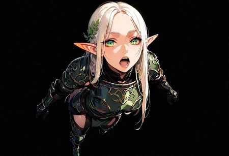 1girl, elf girl, armor,  backguard, teeth, lips, thin lips, solo, looking at viewer, open mouth,   masterpiece, best quality, very aesthetic,  full body, simple background, black background