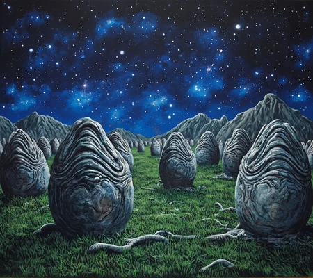 graffiti style, painting, grey xenomorph eggs, on night grass field <lora:Xenomorph_Egg_Flux:1>,, night sky full of stars, galaxies, vivid light, street art, vibrant, urban, detailed, tag, mural