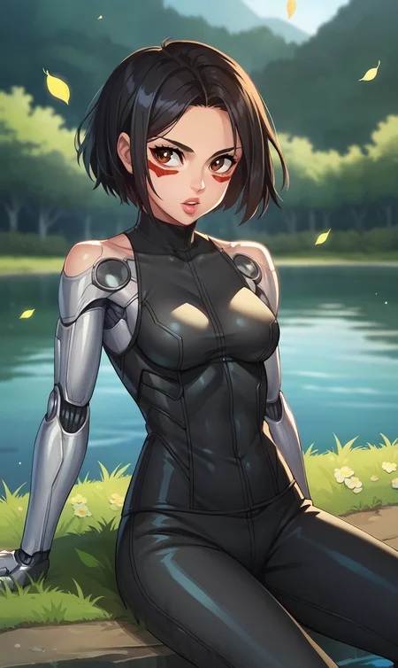 score_9, score_8_up, score_7_up, 1girl, source_anime, anime style, screencap,  <lora:Gally:1> gallyxl, short hair,  black hair, brown eyes, lips, facepaint, facial mark, bodysuit, pants,  mechanical arms, robot skin, bare shoulders, android, cyberpunk, science fiction, parted lips, sitting, grass, lake, water, nature, night, looking to the side, wind, falling leaves, ranting_general,