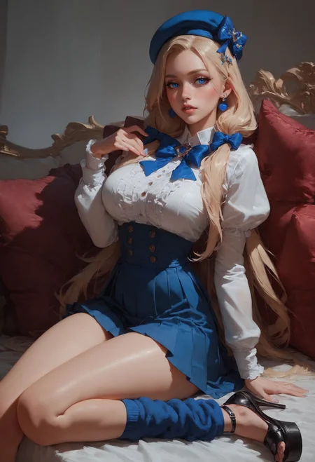 score_9, score_8_up, score_7_up,    1girl, 19-years-old, pretty face, cute, beautiful blue eyes, plump lips, long blonde hair, blue streaks, low twintails, large breasts, beautiful legs, thighs, smooth skin, slim waist, high-waist pleated short skirt, frilled blouse, bow, knee-high knitted leg warmers, black platform heels, wearing a beret    <lora:Concept Art Twilight Style SDXL_LoRA_Pony Diffusion V6 XL:0.8>  <lora:Expressive_H-000001:0.8>, expressiveH  <lora:sinfully_stylish_SDXL><lora:Concept Art Twilight Style SDXL_LoRA_Pony Diffusion V6 XL>