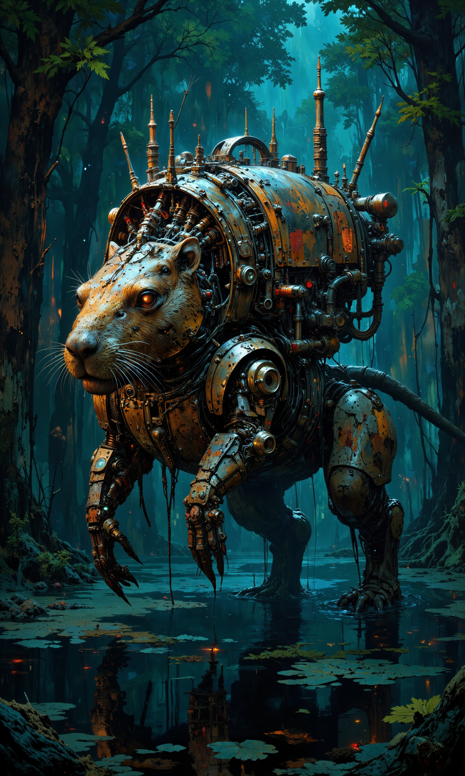 Biomechanical capybara, cybernetic rodent fusion, hydraulic limbs with organic muscle fibers, metallic skeletal structure interwoven with biological tissue, glowing bioluminescent veins, carbon fiber fur patches, retractable antenna array, enhanced olfactory sensors, aquatic propulsion system, armored exoskeleton plates, microprocessor-integrated brain, photosynthetic skin panels, 8k resolution, hyper-realistic textures, intricate detailing, steampunk aesthetics, iridescent metal finishes, rust and patina accents, floating in a neon-lit cyberpunk swamp, reflective surfaces, depth of field focus <lora:It's a LoRA for portraits, BUT! actually specialized in backgrounds. v1.0:0.3> <lora:DND_GRAINYBOYZ_FG_FLUX_V2_ROMULUS_Lora:0.4> <lora:FluxMythP0rtr4itStyle:0.6> <lora:Memadukan_Brush_Strokes_of_Fineart:0.7> <lora:flux_dev:1>