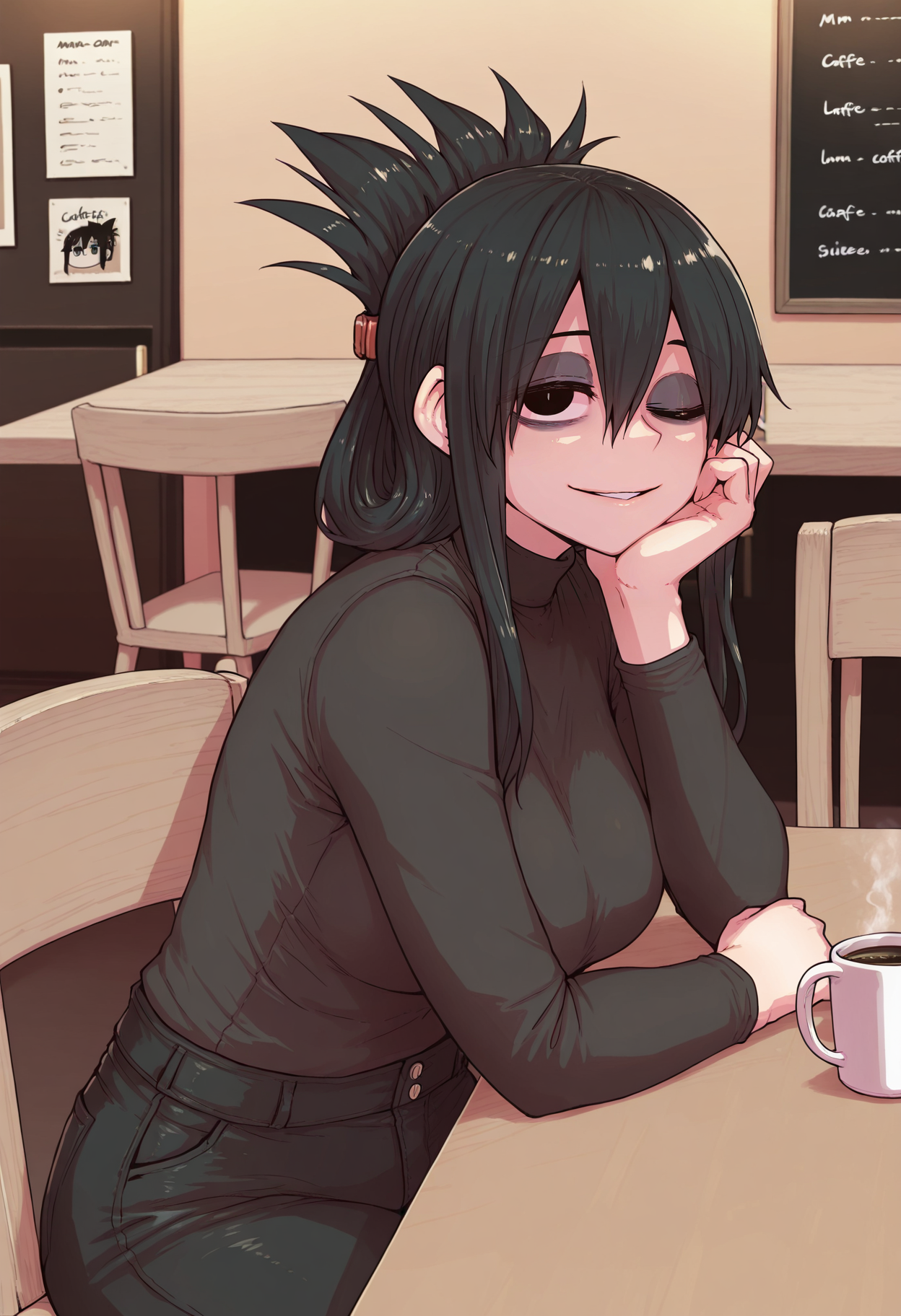 1girl,solo,mm,mature female,black hair,black eyes,long hair,bags under eyes,breasts,folded ponytail,
shirt,pants,cafe,table,chair,sitting,on chair,head rest, coffee mug, looking at viewer, one eye closed,parted lips, smile
,masterpiece,best quality,amazing quality,<lora:Zyugoya-karasuma-Kinjo_no_hito_no_nakimushi:0.8>
